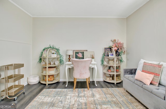 interior space with dark wood-type flooring and crown molding