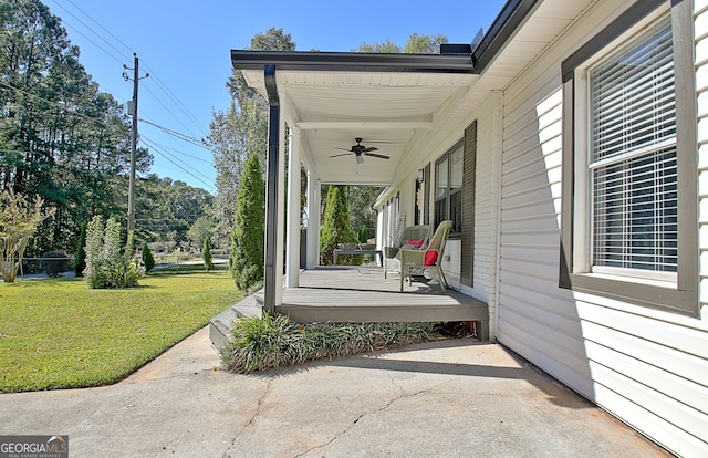 view of patio / terrace featuring ceiling fan and a porch