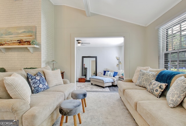 living room featuring vaulted ceiling with beams, crown molding, light colored carpet, and ceiling fan