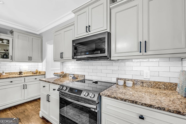 kitchen featuring hardwood / wood-style flooring, light stone counters, and stainless steel appliances