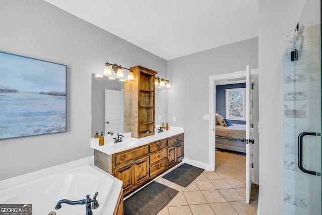 bathroom with vanity, plus walk in shower, and tile patterned floors