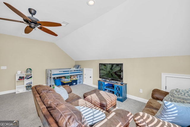 carpeted living room with vaulted ceiling and ceiling fan