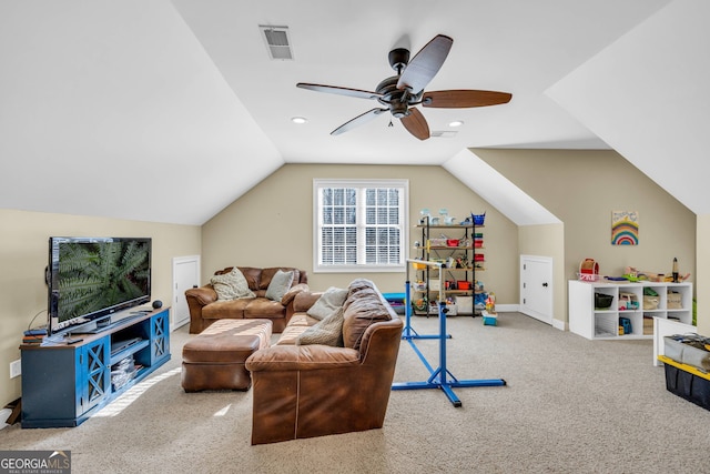 carpeted living room with lofted ceiling and ceiling fan