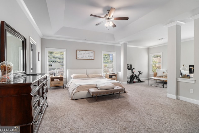 bedroom with light carpet, baseboards, a raised ceiling, and crown molding