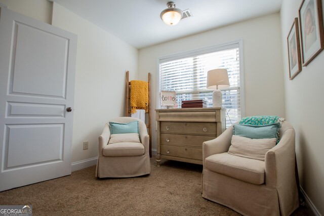 sitting room with light colored carpet