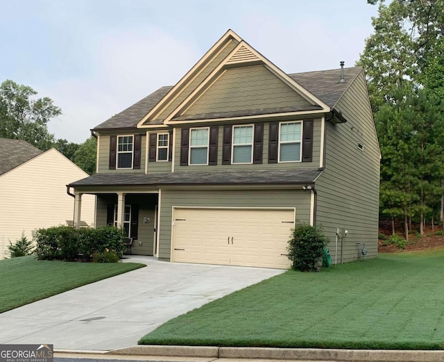 craftsman-style home featuring a garage and a front yard