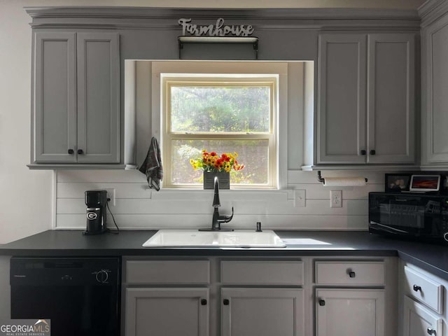 kitchen with gray cabinetry, dishwasher, backsplash, and sink