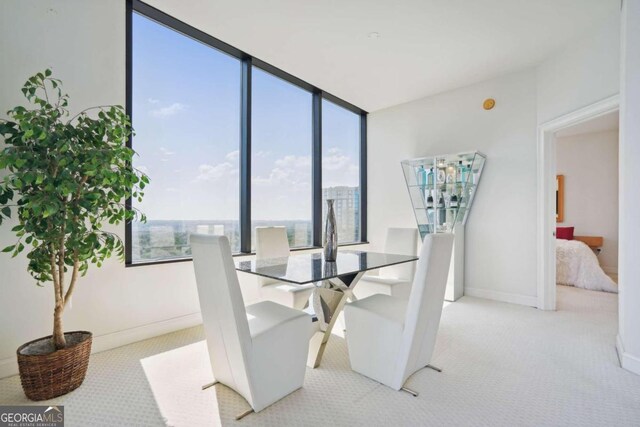 carpeted dining space featuring floor to ceiling windows