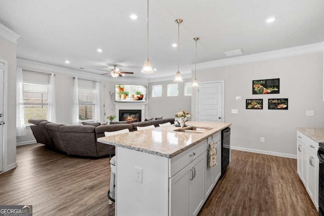 kitchen featuring light stone countertops, white cabinetry, black dishwasher, and a kitchen island with sink