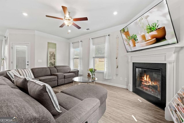 living room with crown molding, light hardwood / wood-style floors, and ceiling fan