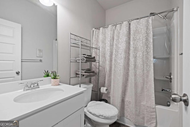 full bathroom with vanity, toilet, and shower / bathtub combination with curtain