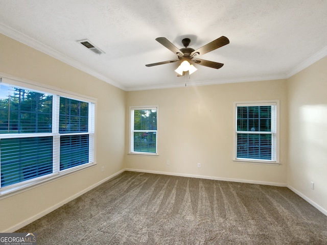 spare room featuring carpet flooring, ceiling fan, and ornamental molding