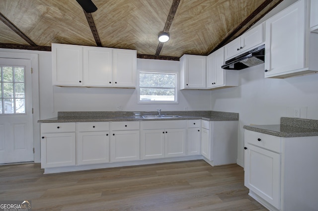 kitchen with light wood-style flooring, a sink, wood ceiling, under cabinet range hood, and white cabinetry