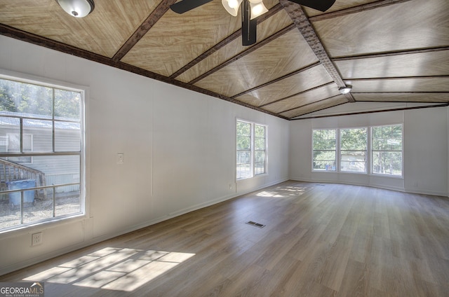 unfurnished room with visible vents, wood ceiling, vaulted ceiling, wood finished floors, and a ceiling fan