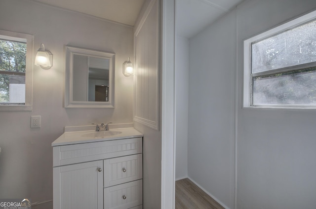 bathroom with vanity and wood finished floors