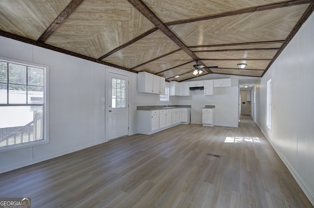 kitchen featuring wooden ceiling, white cabinetry, vaulted ceiling with beams, and light wood-type flooring