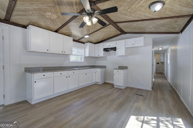 kitchen featuring a ceiling fan, visible vents, wood ceiling, and light wood-type flooring