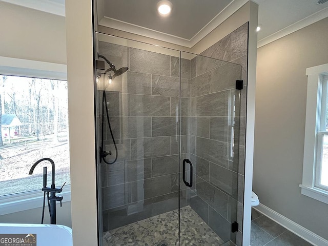 bathroom with walk in shower, ornamental molding, toilet, and tile patterned flooring