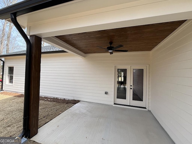 view of patio featuring french doors and ceiling fan