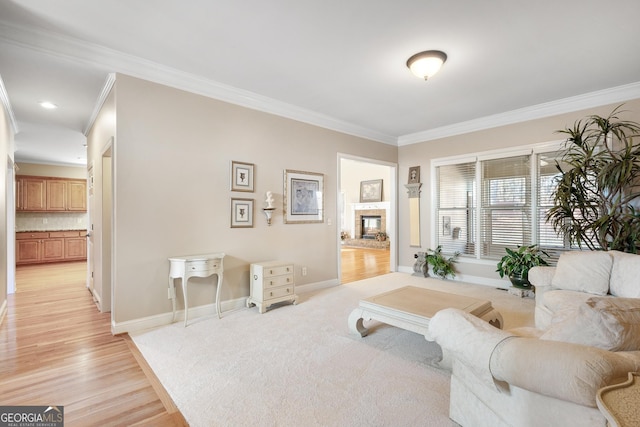 interior space with light wood-type flooring and crown molding