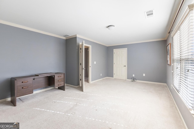 unfurnished bedroom featuring light carpet and crown molding