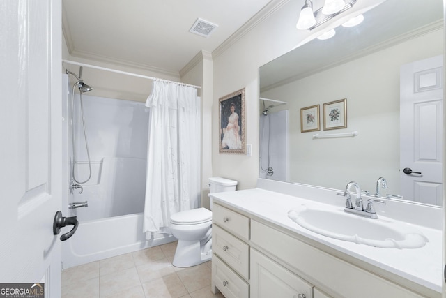 full bathroom featuring tile patterned floors, vanity, crown molding, shower / bathtub combination with curtain, and toilet