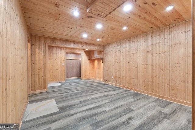 spare room with wood ceiling, wood walls, and wood-type flooring