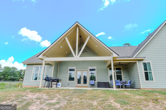 back of house with a patio area, ceiling fan, and french doors