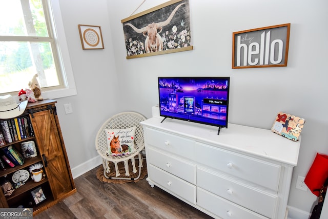 recreation room with dark hardwood / wood-style flooring