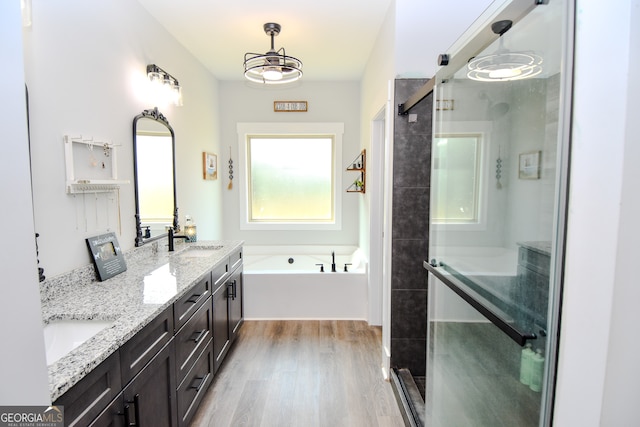 bathroom featuring vanity, wood-type flooring, and shower with separate bathtub