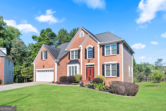 view of front facade with a front yard and a garage