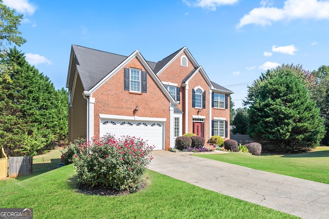 front of property with a garage and a front lawn