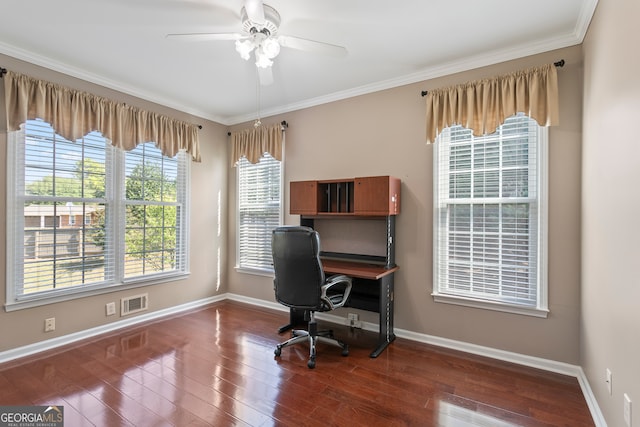 office featuring crown molding, ceiling fan, and dark hardwood / wood-style floors