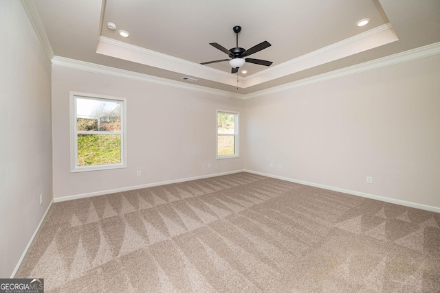 empty room featuring carpet flooring, ceiling fan, ornamental molding, and a tray ceiling