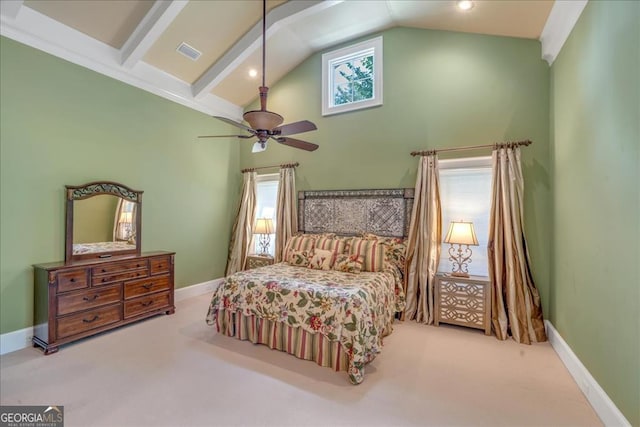 carpeted bedroom featuring high vaulted ceiling and ceiling fan