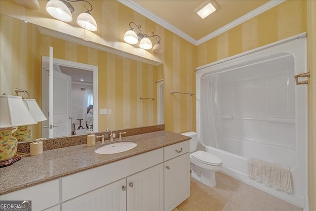 full bathroom featuring vanity, shower / bath combination with curtain, toilet, ornamental molding, and tile patterned floors