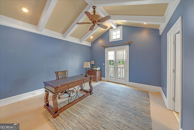 office area featuring lofted ceiling with beams, light colored carpet, french doors, and ceiling fan