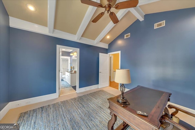 office space with lofted ceiling with beams and ceiling fan