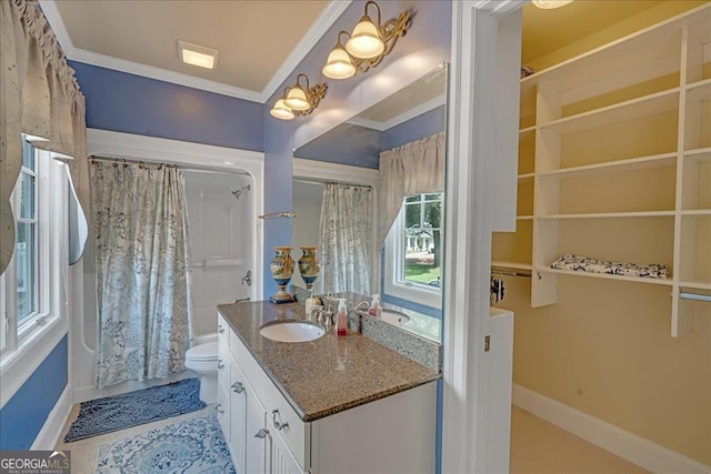 bathroom with curtained shower, toilet, ornamental molding, and vanity