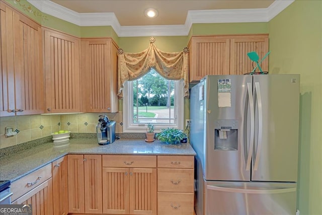 kitchen featuring ornamental molding, light stone countertops, decorative backsplash, and stainless steel fridge with ice dispenser