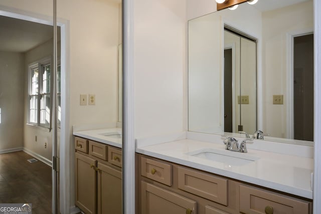 bathroom with vanity and wood-type flooring