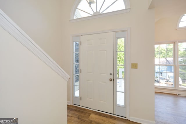 foyer entrance featuring hardwood / wood-style flooring and a towering ceiling