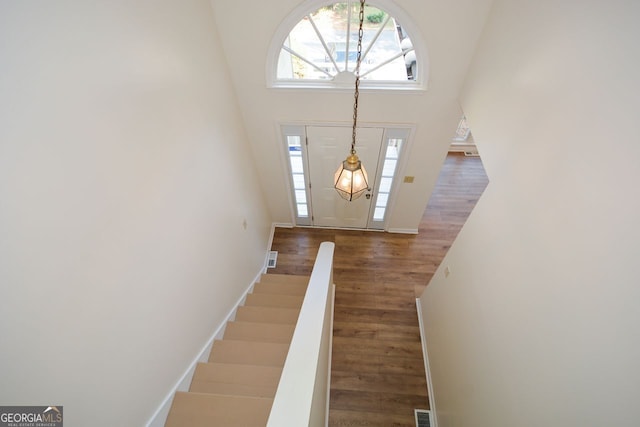 foyer featuring a towering ceiling and wood-type flooring