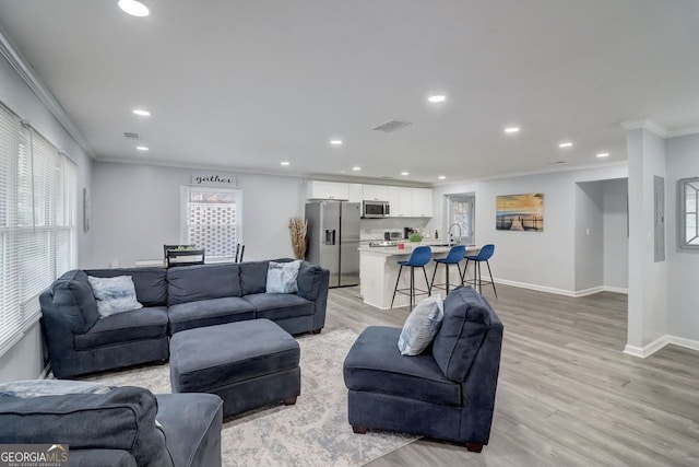 living room featuring crown molding and light hardwood / wood-style floors