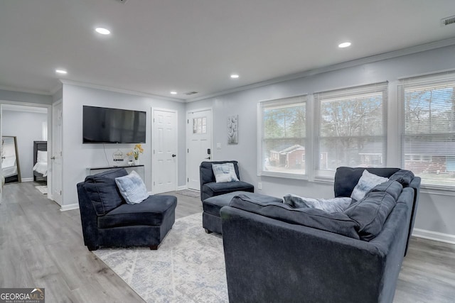 living room with light wood-type flooring, plenty of natural light, and ornamental molding