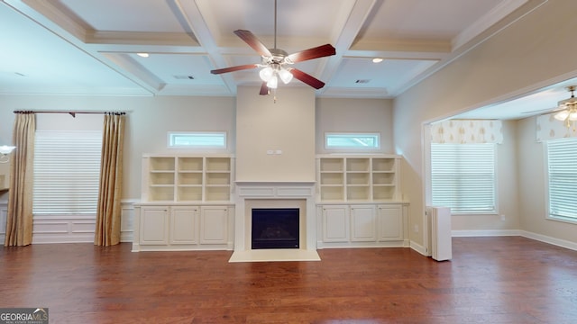 unfurnished living room with wood finished floors, a ceiling fan, coffered ceiling, beam ceiling, and a fireplace