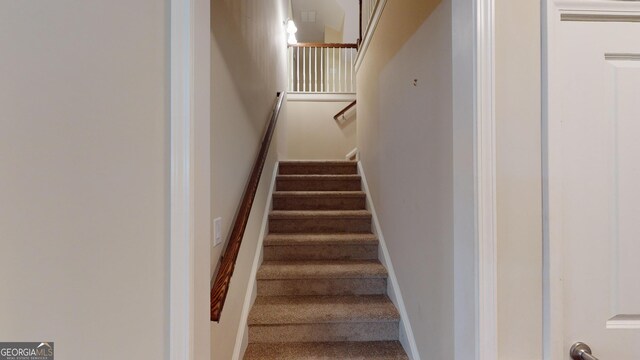 stairway with baseboards and carpet floors