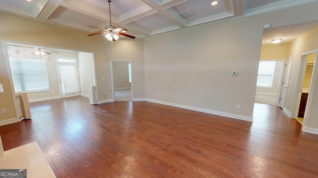 unfurnished room featuring dark wood-style floors, coffered ceiling, baseboards, and ceiling fan