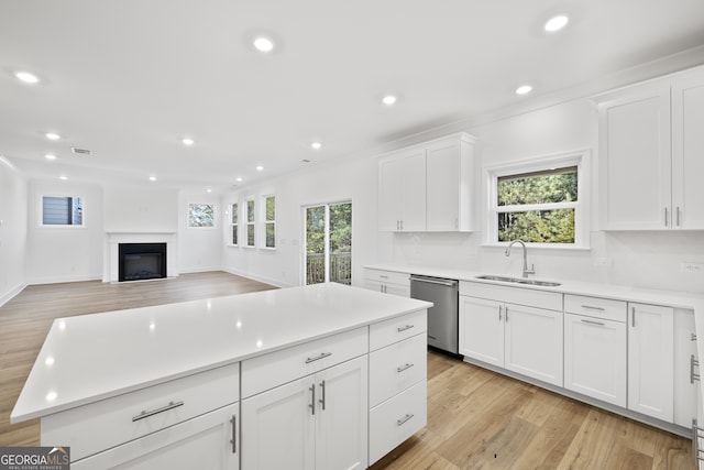 kitchen featuring sink, stainless steel dishwasher, light hardwood / wood-style floors, and white cabinets