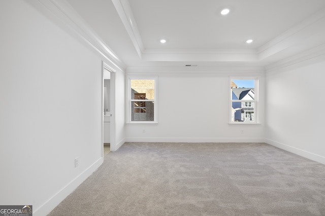 unfurnished room featuring crown molding, a tray ceiling, and light carpet